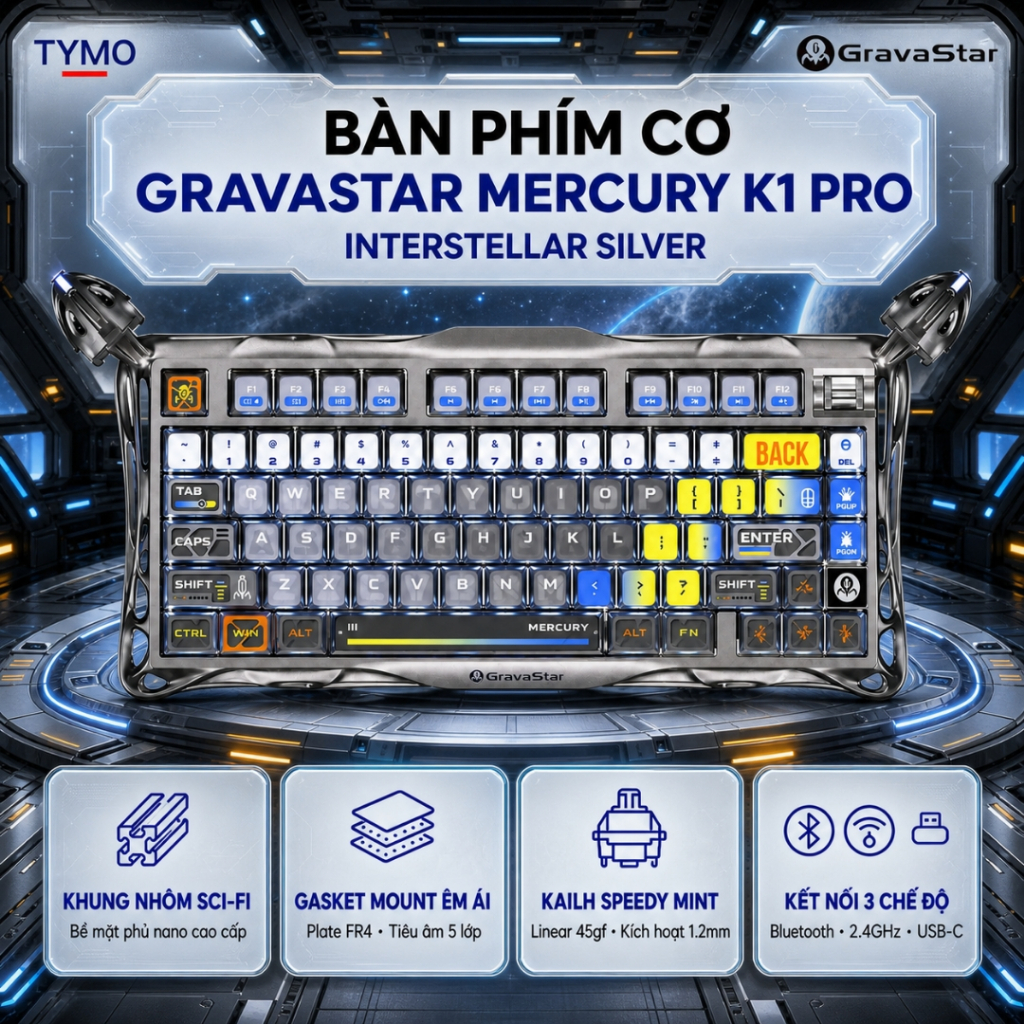 Bàn Phím Cơ Gaming GravaStar Mercury K1 Pro Interstellar Silver | Tri-Mode | Gasket Mount | RGB