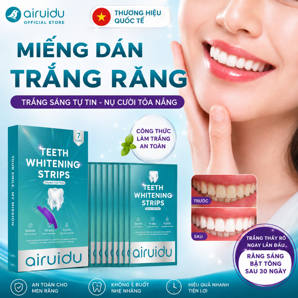 Airuidu Miếng dán trắng răng trắng nhanh Không gây kích ứng cải thiện hiệu quả vàng răng 1 hộp 7 TS07Pro