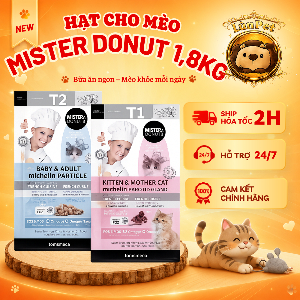 Thức Ăn Hạt Mister Donut Cho Mèo, Thức Ăn Cao Cấp Dành Cho Thú Cưng Túi 1kg/1.8kg - LeoPet