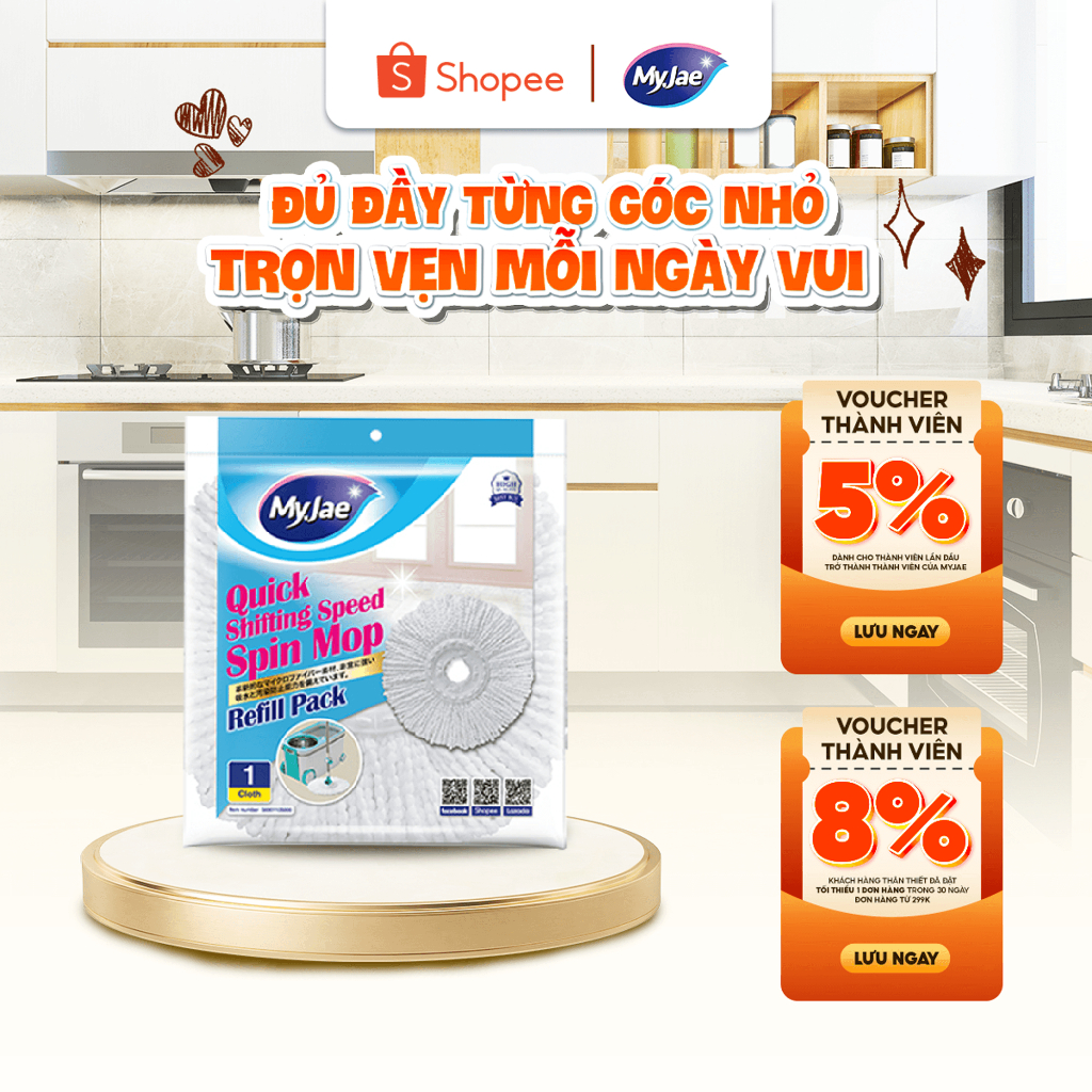 Đầu Lau Nhà MyJae Dạng Tròn – Bông Lau Thay Thế Cho Cây Lau Xoay 360° Sợi Microfiber