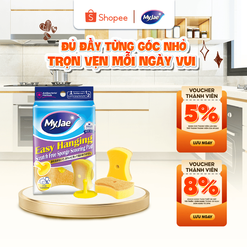 Set 2 miếng bọt biển rửa chén bát mút xốp MyJae đa năng kèm miếng nhựa hít kê - Gọn gàng, tiện lợi