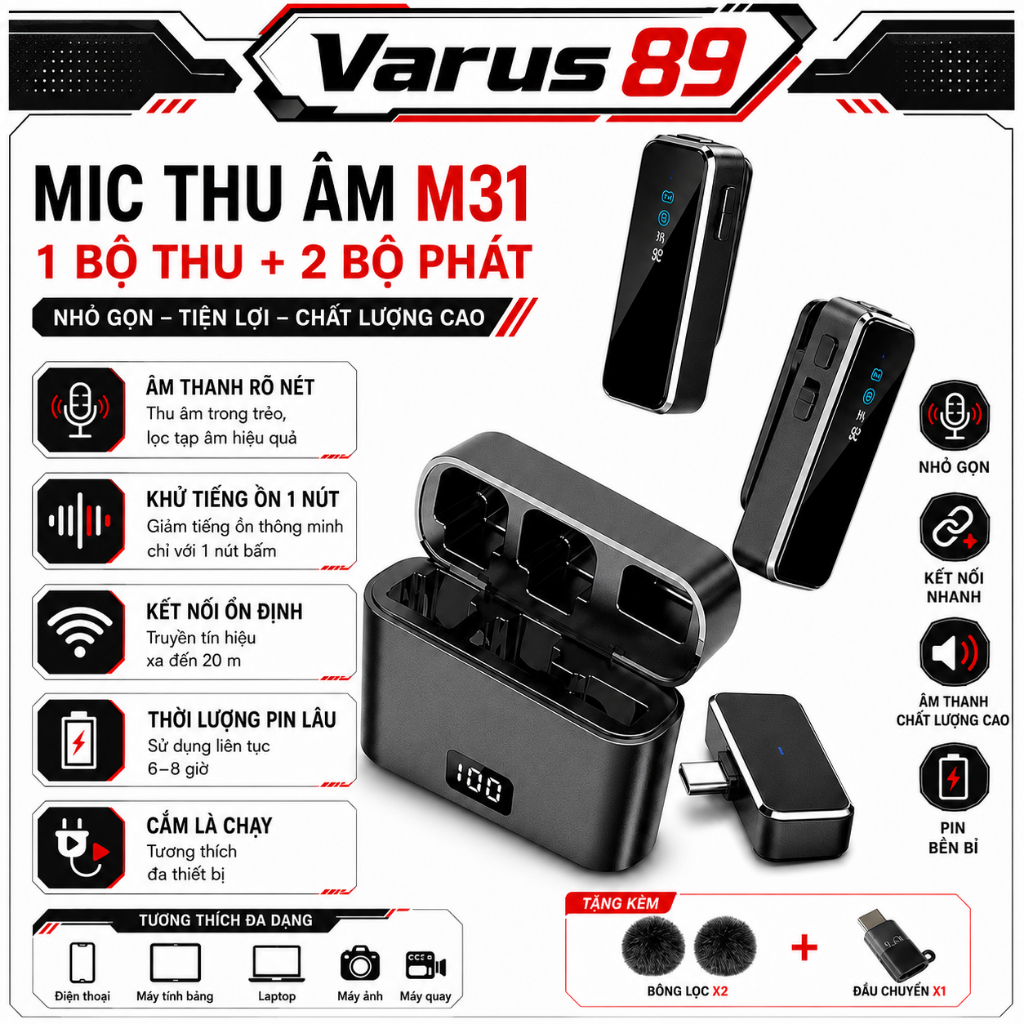 MIC THU ÂM KHÔNG DÂY CHO ĐIỆN THOẠI M31 - BẬT TẮT LỌC ỒN - MICRO GHI ÂM