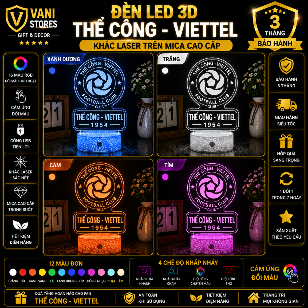 Đèn Led 3D 16 Màu Khắc Logo Thể Công - Viettel, Đèn Ngủ Trang Trí Quà Tặng Fan Bóng Đá | Vani Stores