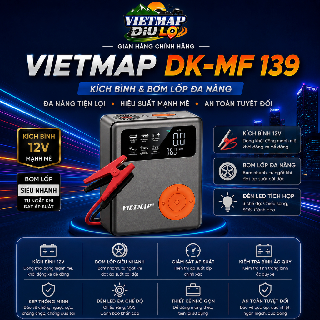 Máy Kích Bình Bơm Lốp Ô Tô Vietmap DK-MF139 | Pin Sạc Dự Phòng, Đèn Pin LED | Pin 8000/13000mAh