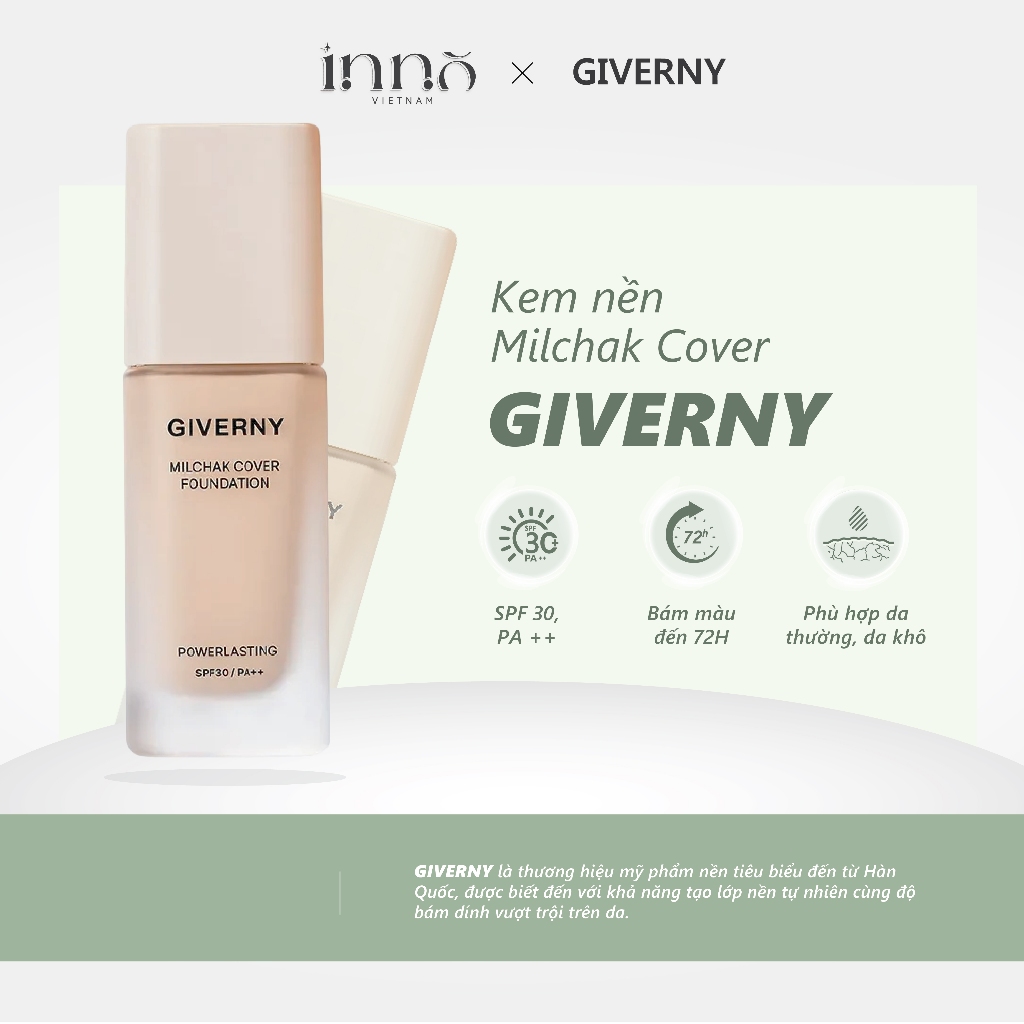 Kem nền Giverny Milchak Cover Foundation che phủ tự nhiên bám da lâu trôi 30ml