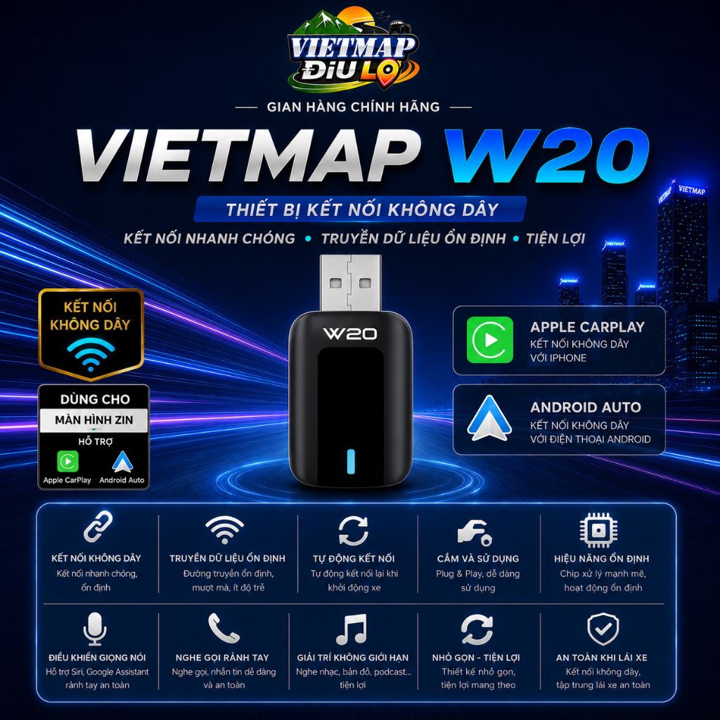 USB Vietmap W20 Chính Hãng, Biến CarPlay Android Auto Có Dây Thành Không Dây Tiện Lợi