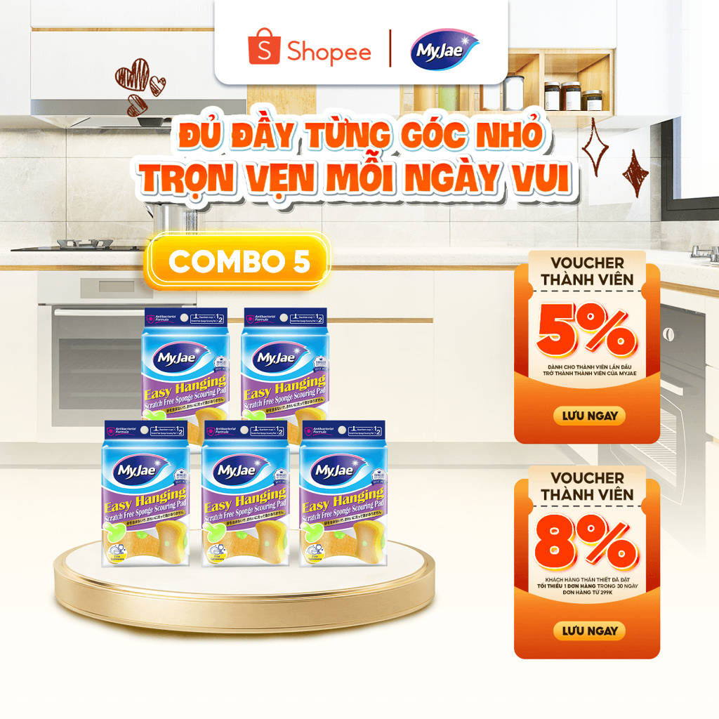 [2 miếng/1 gói] Combo 5 gói bọt biển rửa chén bát mút xốp móc treo không trầy xước MyJae