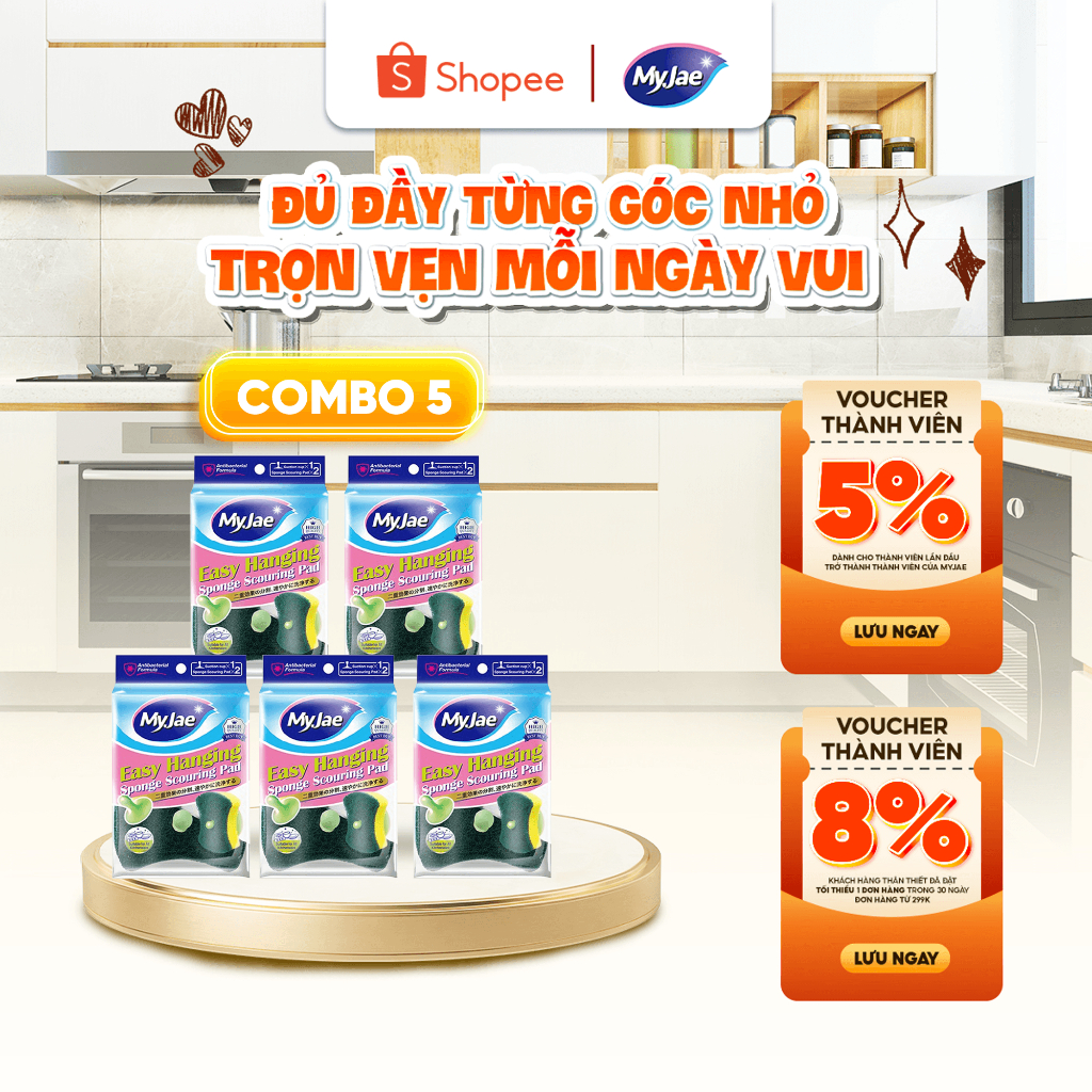 Combo 5 [Màu xanh] Set 2 miếng bọt biển rửa chén bát dễ dàng có móc treo MyJae đa năng