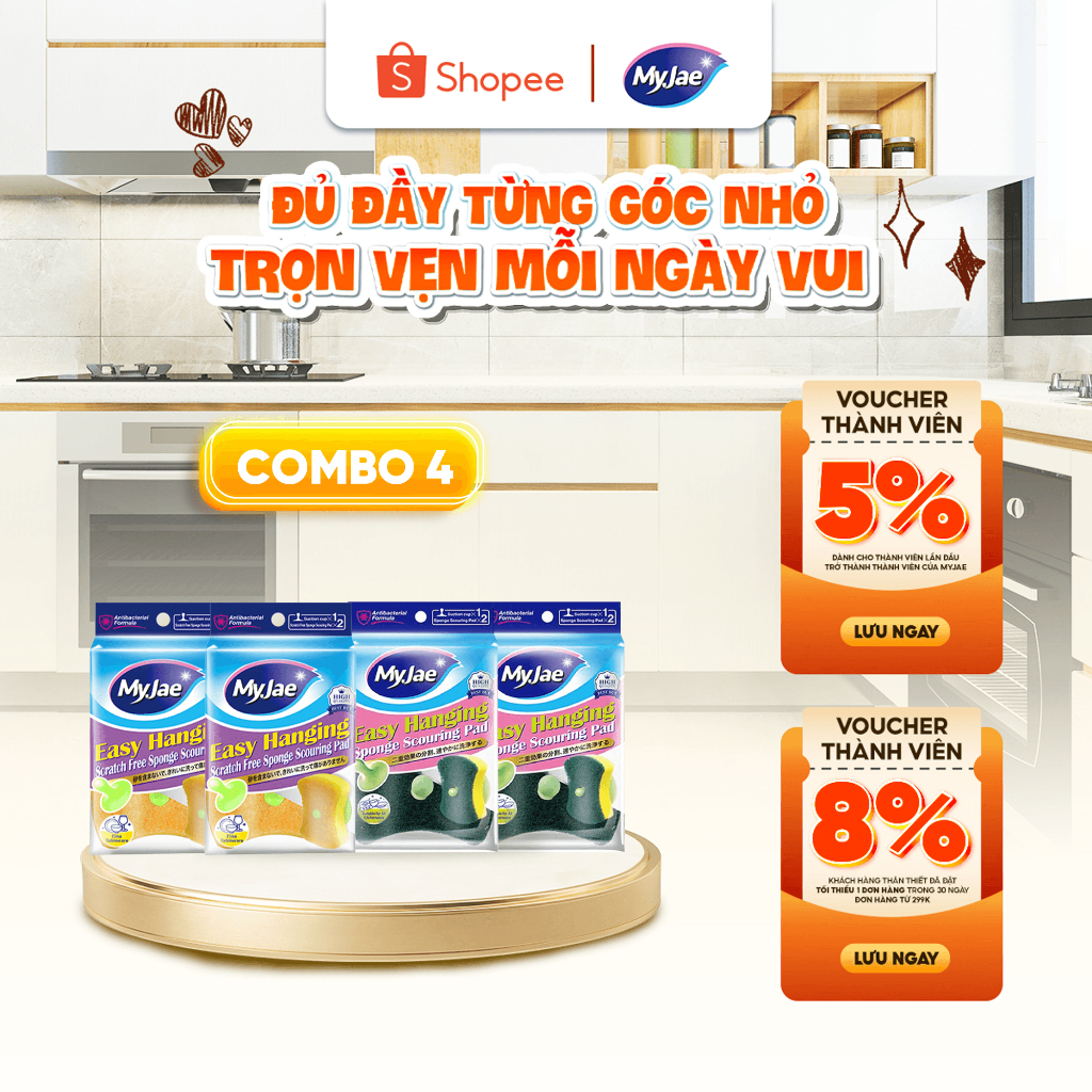 Combo 4 Bịch Bọt Biển Rửa Chén MyJae Đa Năng (2 Vàng + 2 Xanh) Kèm Miếng Hít Treo Tiện Lợi