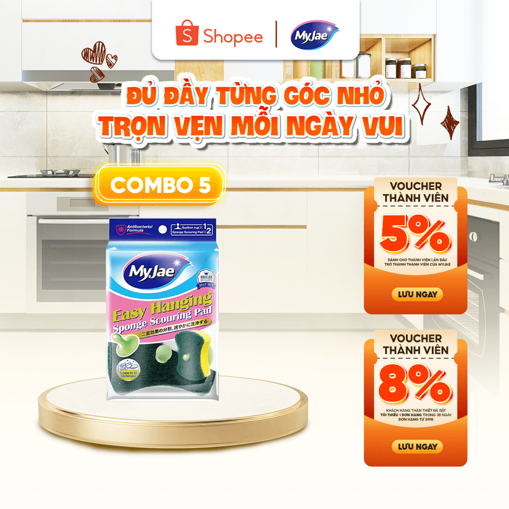 Combo 5 [Màu xanh] Set 2 miếng bọt biển rửa chén bát mút xốp MyJae đa năng - Gọn gàng
