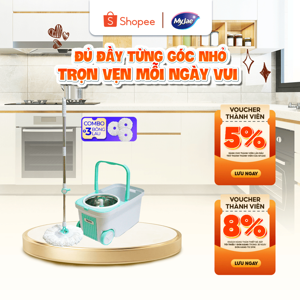 3 Bông Lau + 1 Bộ Lau Nhà MyJae Đài Loan Sợi Microfiber Xoay Siêu Tốc 360 MyJae