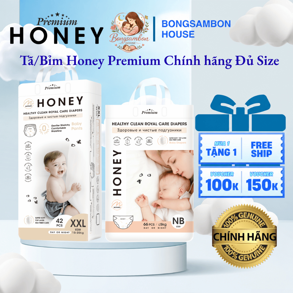 Tã/Bỉm Honey Premium Chính hãng cao cấp mỏng nhẹ, thấm hút tốt đủ size , hàng chuẩn đầy đủ giấy tờ