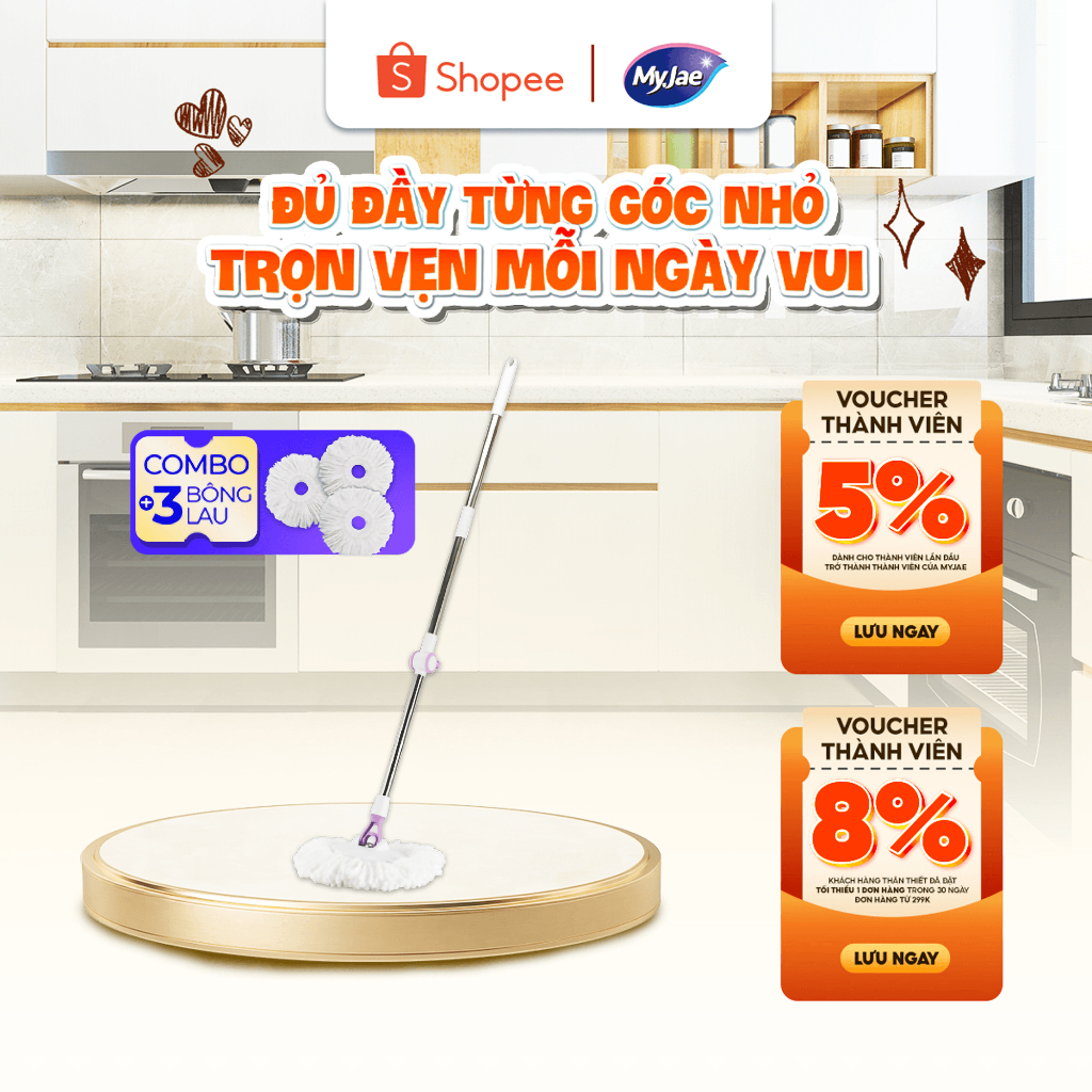 [Combo 3 bông+1 cây lau ] Cây Lau Nhà Đơn MyJae – Xoay 360°, Sợi Microfiber Cao Cấp  [Dài 134cm]