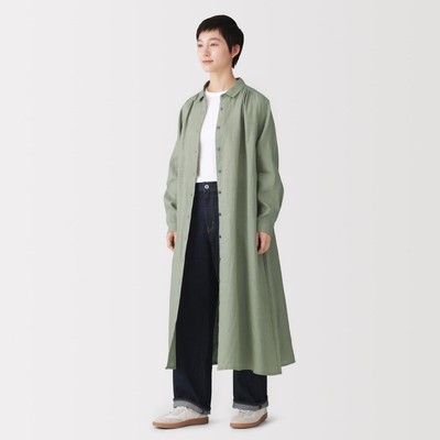 [26AW] MUJI Đầm Sơ Mi Nữ Vải Washed Linen Tay Dài