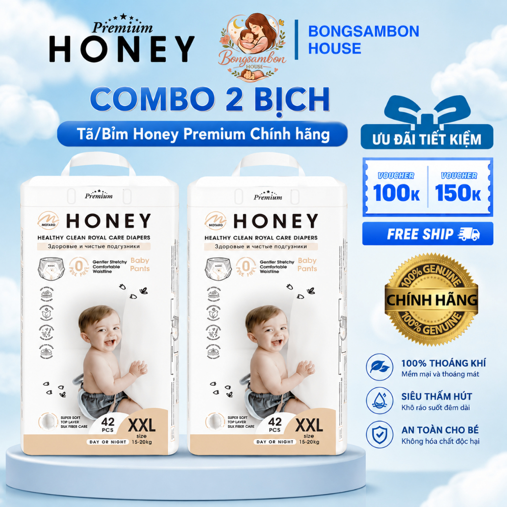 COMBO 2 Bịch Tã/Bỉm Honey Premium Chính hãng cao cấp mỏng nhẹ, thấm hút tốt đủ…
