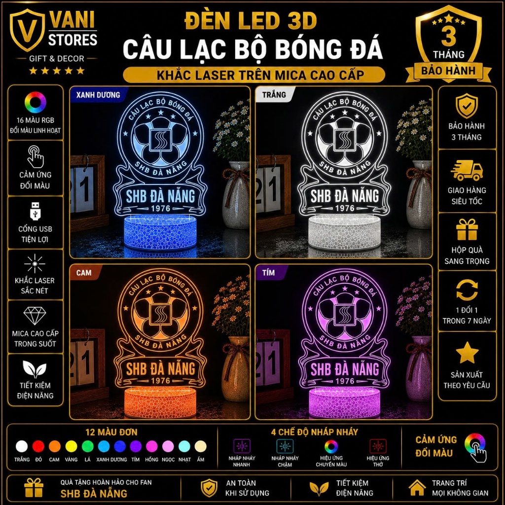 Đèn Led 3D 16 Màu Khắc Logo SHB Đà Nẵng, Đèn Ngủ Trang Trí Quà Tặng Fan Bóng Đá | Vani Stores