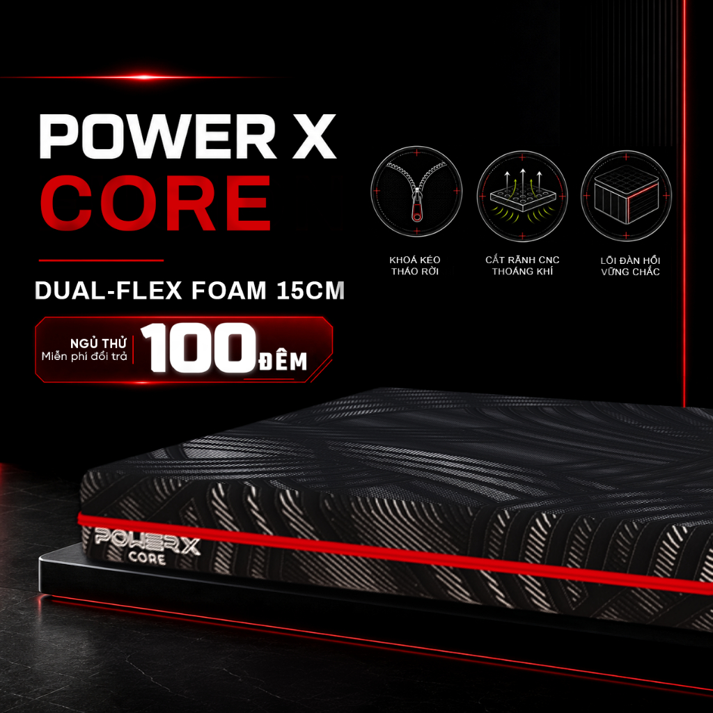 [ĐƠN 2TR TẶNG CHĂN] Nệm Hightech POWER X Core, Kết Cấu Rãnh Tản Nhiệt Thông Minh, Mát Mẻ Thoáng Khí, Nâng Đỡ Tối Ưu