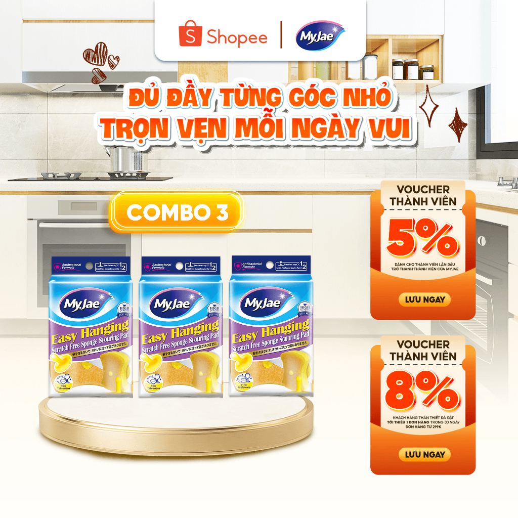 [2 miếng/1 gói] Combo 3 gói bọt biển rửa chén bát mút xốp MyJae đa năng kèm miếng nhựa hít kê