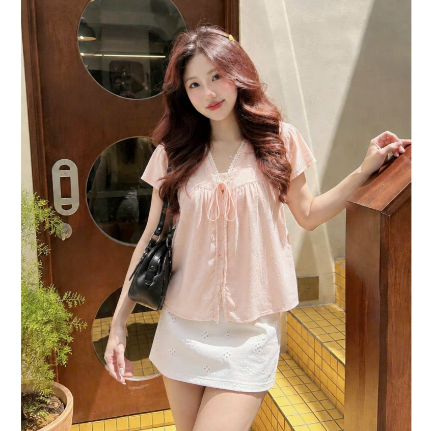 SUXING | Áo Babydoll Cổ V Viền Ren Chất Vải Thô Mềm - S349
