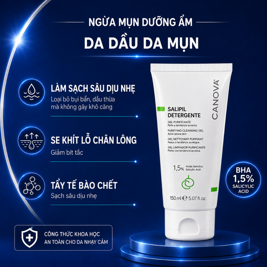 Gel Rửa Mặt Ngừa Mụn Kiềm Dầu CANOVA SALIPIL Dạng Gel Dưỡng Ẩm Dịu Nhẹ Da Nhạy Cảm 150ml KIKIDA