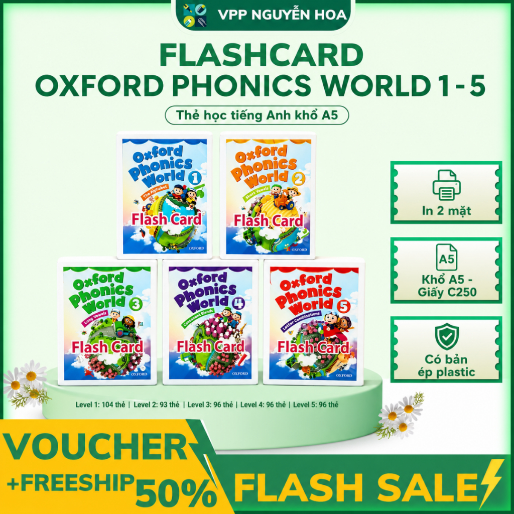 Flashcard Oxford Phonics World 1 2 3 4 5 Khổ A5 Ép Plastic 2 Mặt Thẻ Học Phonics Tiếng Anh Giáo Cụ A