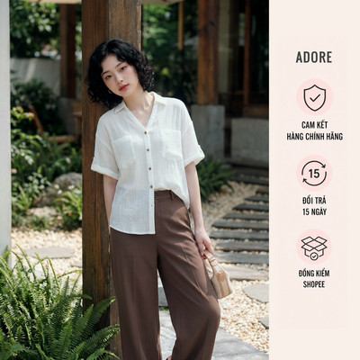 [ ADORE ] Áo Sơ mi basic cổ V màu trắng 611SH0001