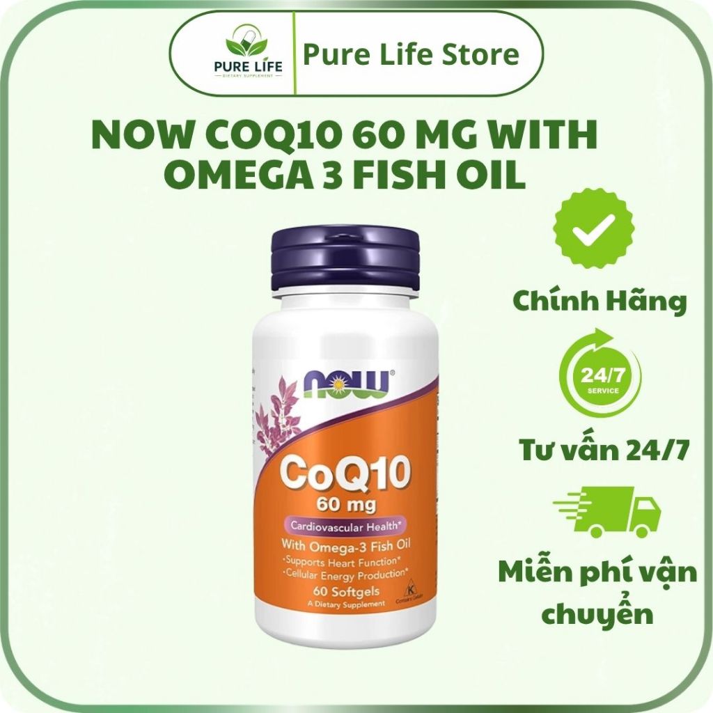 NOW CoQ10 60 mg with Omega 3 Fish Oil hỗ trợ sức khỏe tim mạch, não bộ và chống oxy hóa - Pure Life