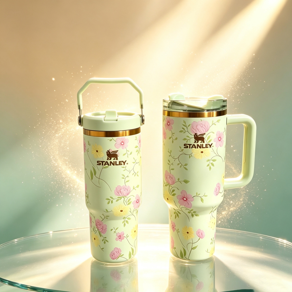 Stanley Quencher Thép Không Gỉ có tay cầm, Họa tiết Hoa Mùa Xuân, Cốc giữ nhiệt du lịch cao‑cấp Hot 