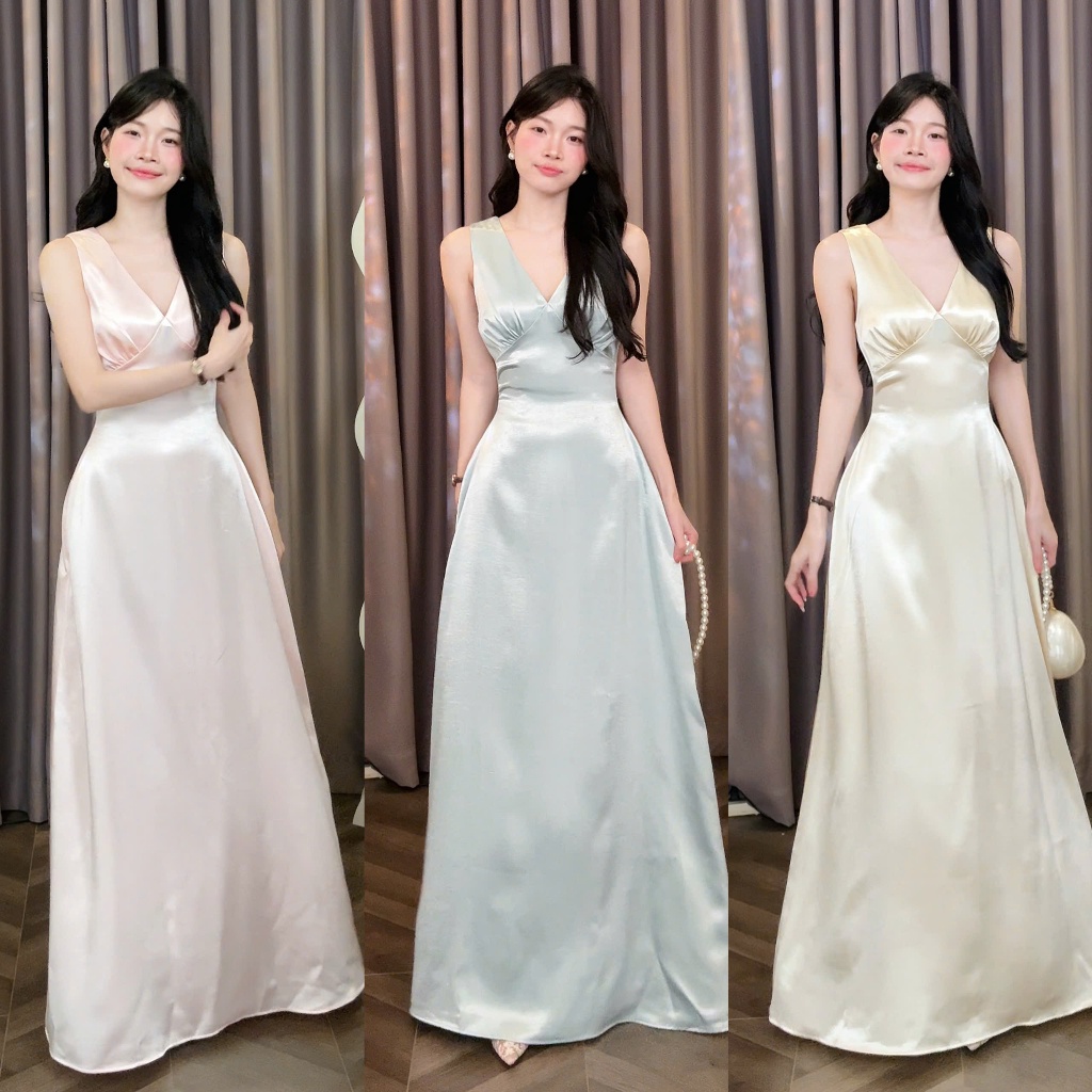 [Đ.48-L] Đầm Lụa Thiết Kế Cổ V Dáng Dài Sang Trọng 140cm Women Top Dress | Tũm Clothing
