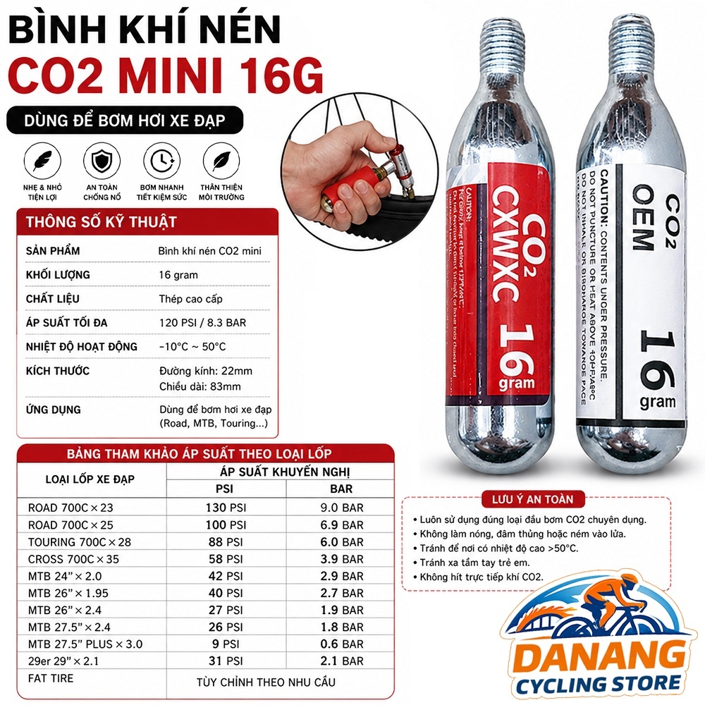 Ống Khí CO2 Mini 16G Bơm Xe Đạp Nhanh Chóng – Bình CO2 16g Bơm Lốp Xe Đạp Road MTB Tiện Lợi