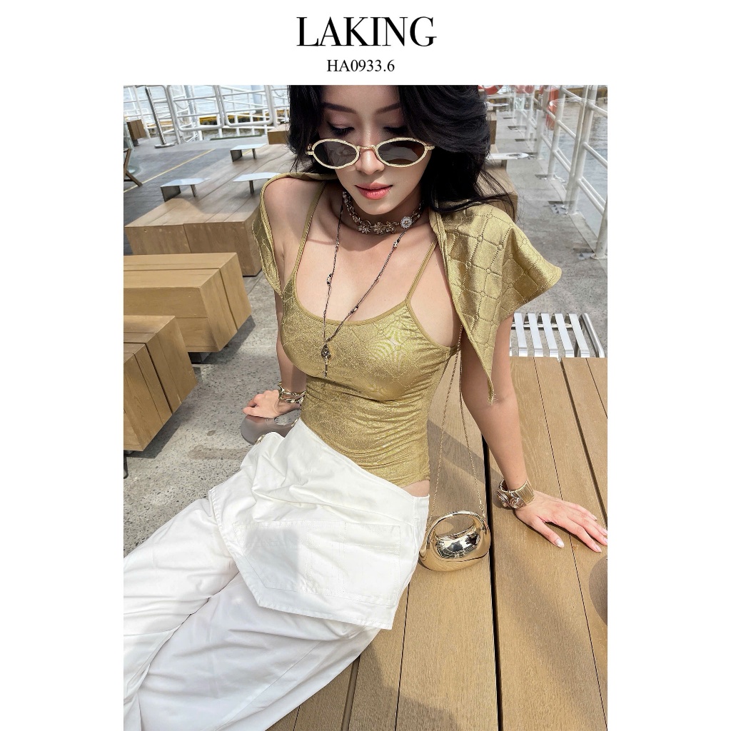 LAKING — ÁO BODYSUIT VÀNG CARO GILDED GRID + KHĂN A9336