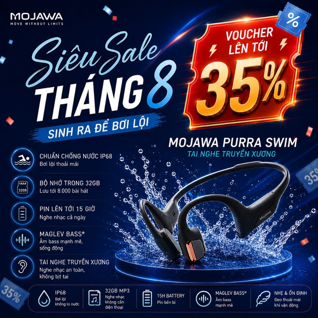 Tai nghe xương chống nước Mojawa Purra Swim – Nghe nhạc khi bơi, 32GB, Bluetooth + MP3, IP68