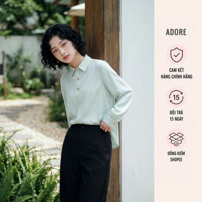[ ADORE ] Áo sơ mi lụa basic trắng kem/xanh mint khuy hoa 613SH0003