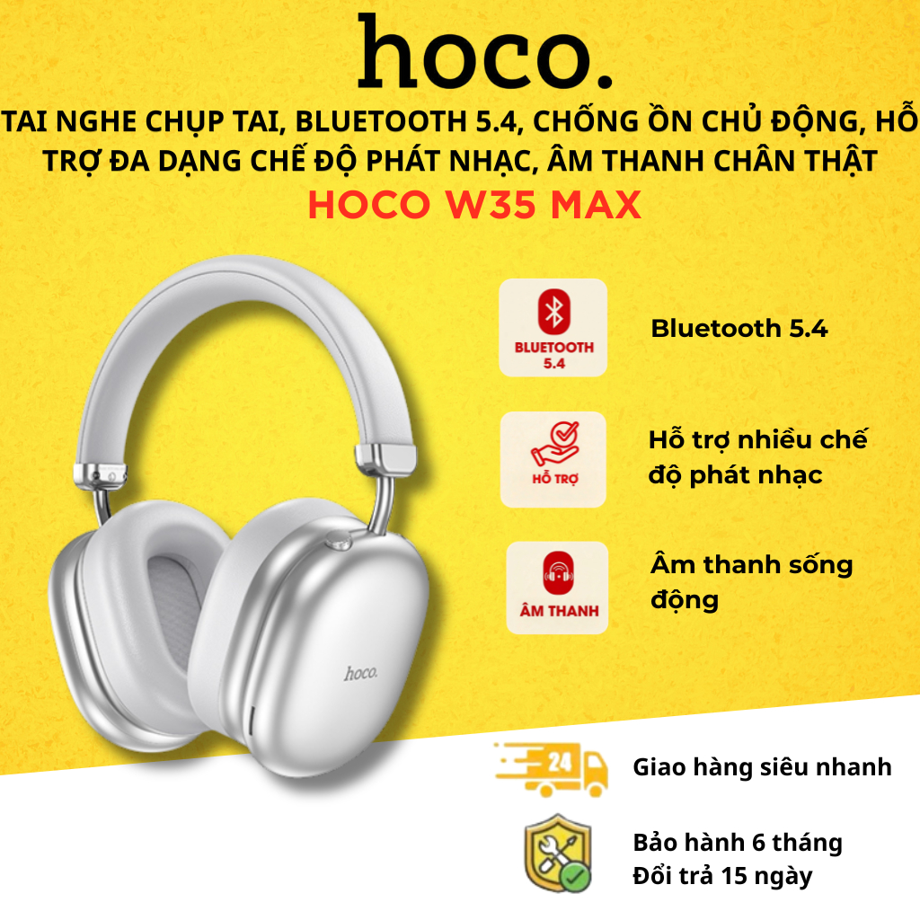 Tai nghe chụp tai Hoco W35 Max, Bluetooth 5.4, chống ồn chủ động ANC, đa dạng chế độ phát nhạc, âm t