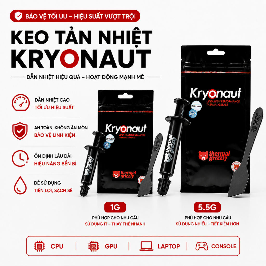 Keo Tản Nhiệt Máy Tính Laptop Cao Cấp Grizzly Kryonaut 1g 5.5g MX4 MX5 MX6 Giảm Nhiệt Độ Máy Nhanh C