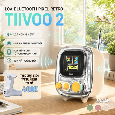 Loa bluetooth Divoom Tiivoo 2 màn hình LED 128x128 pixel, dải âm cao treble trong suốt, chip radio dò tần số tự động