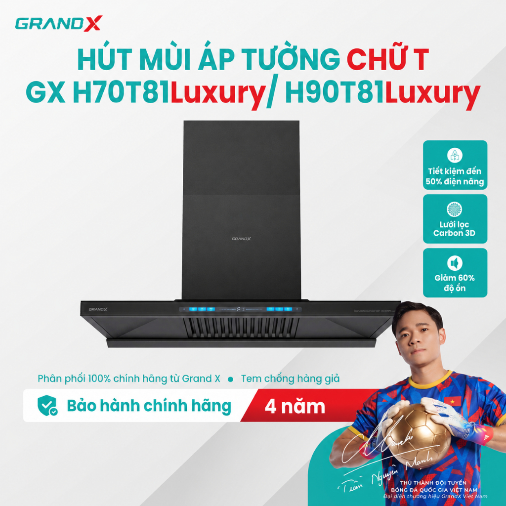 GX H70T81Luxury/ H90T81Luxury Hút mùi chữ T GrandX, BLDC 90W tiết kiệm 50% điện năng, giảm độ ồn 60%