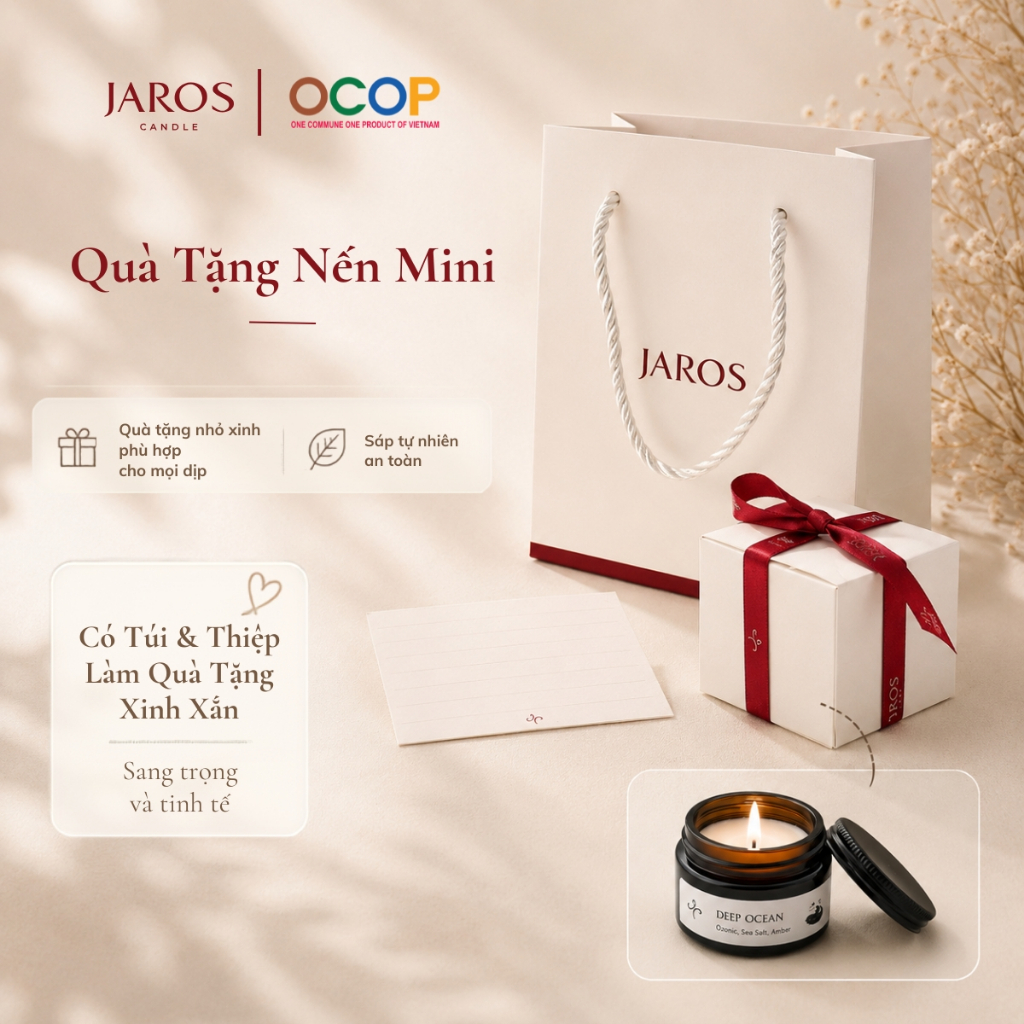 Quà tặng nến thơm mini 15ml JAROS Candle, có túi & thư tay, hộp quà thắt nơ