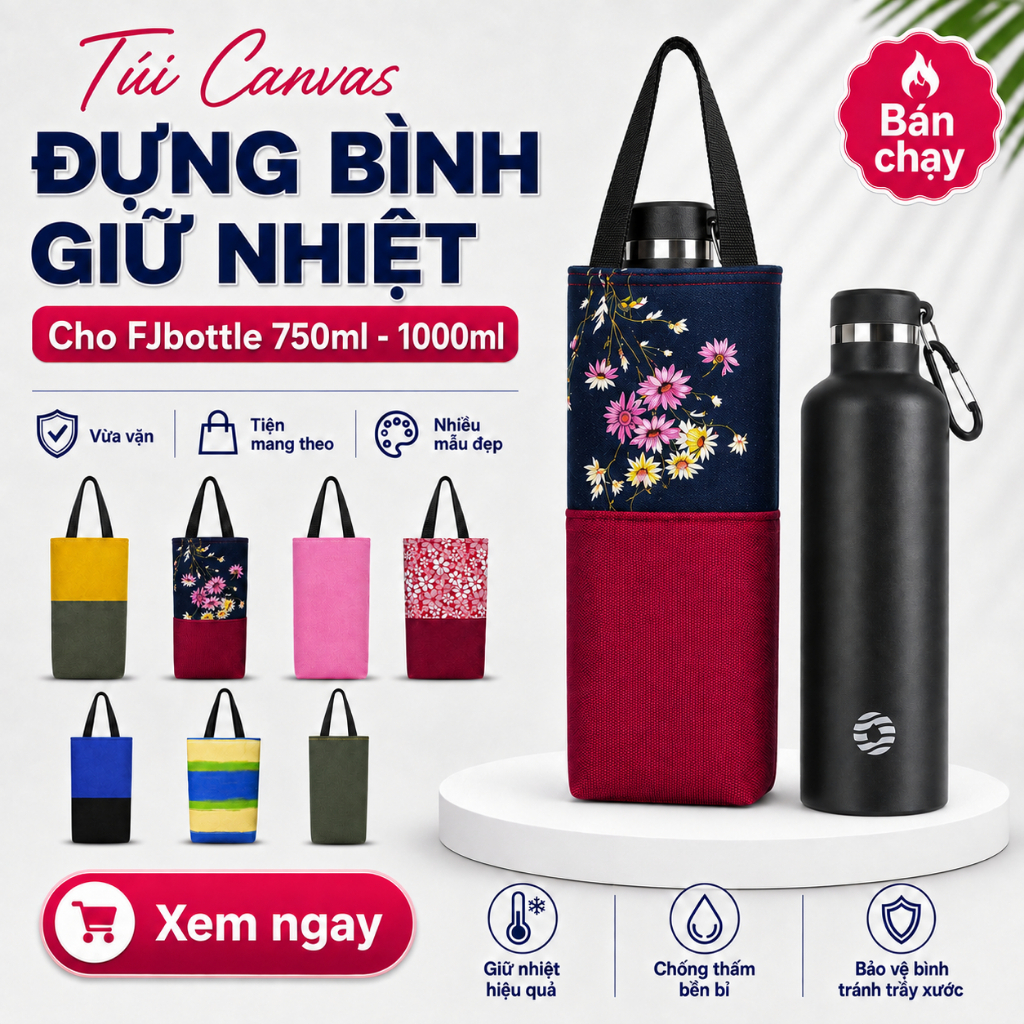 Túi vải đựng Bình Giữ Nhiệt cho FJbottle 750ml/1000ml vải canvas cốc, ly mun mèo handmade