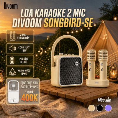 Loa karaoke Divoom Songbird-SE, 2 micro với 6 chế độ âm thanh, công suất loa 18W, kháng nước IPX4