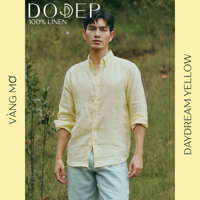 DODEP Áo sơ mi nam linen 100% tay dài cổ button-down
