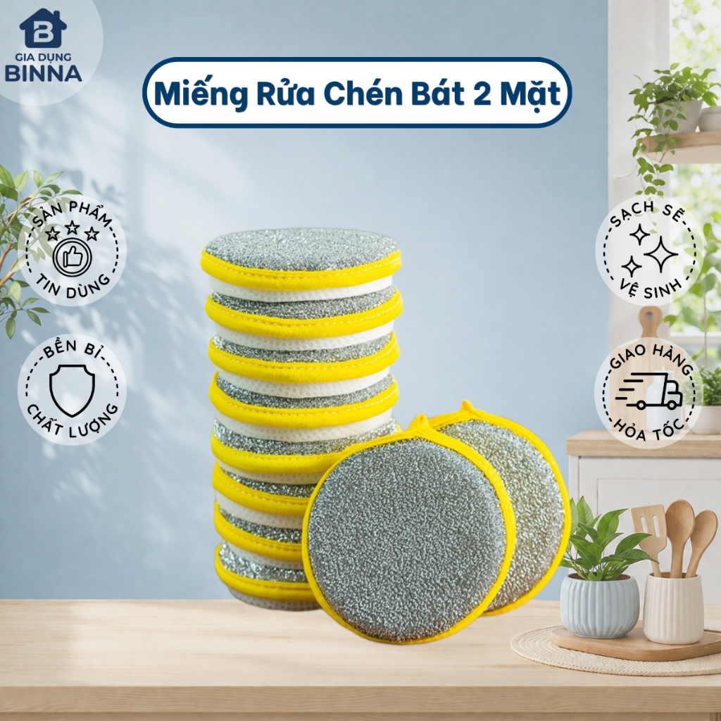 Miếng Rửa Chén Cọ Xoong Nồi Hình Tròn 2 Mặt – Sợi Thép Kim Cương Siêu Sạch, Chống Trầy Xước
