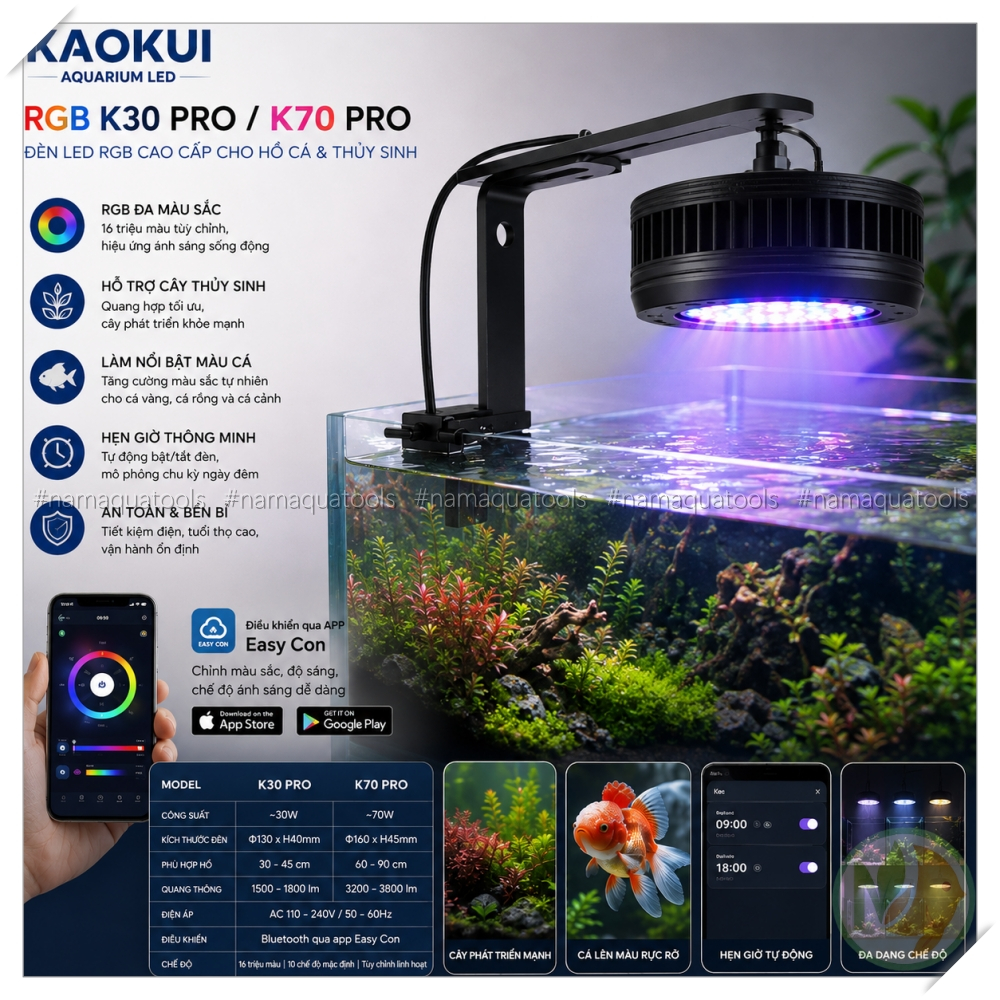 Đèn Kaokui RGB K30 Pro, K70 Pro – Đèn LED điều khiển app cho hồ thuỷ sinh, cá vàng, cá rồng