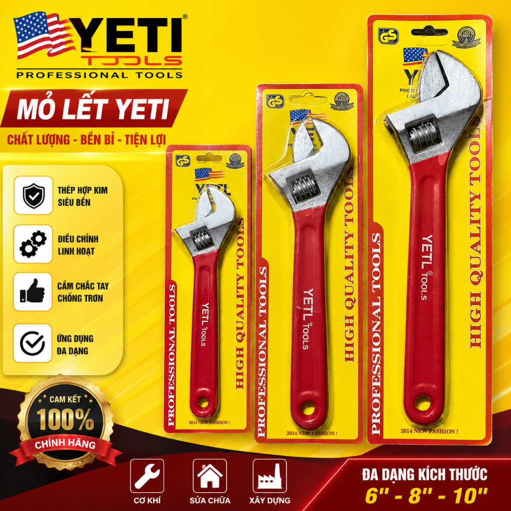 (HÀNG XỊN) Mỏ lết YETl, Mỏ lết 8 inch, 10 inch, 12 inch tay cầm đỏ CHÍNH HÃNG