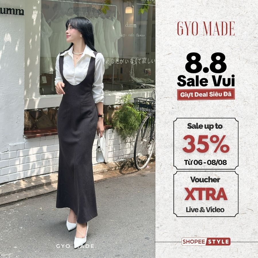 Đầm yếm dáng dài GYOMADE® chất bố tiêu tôn dáng, có lót thun bên trong, co giãn nhẹ | GV032