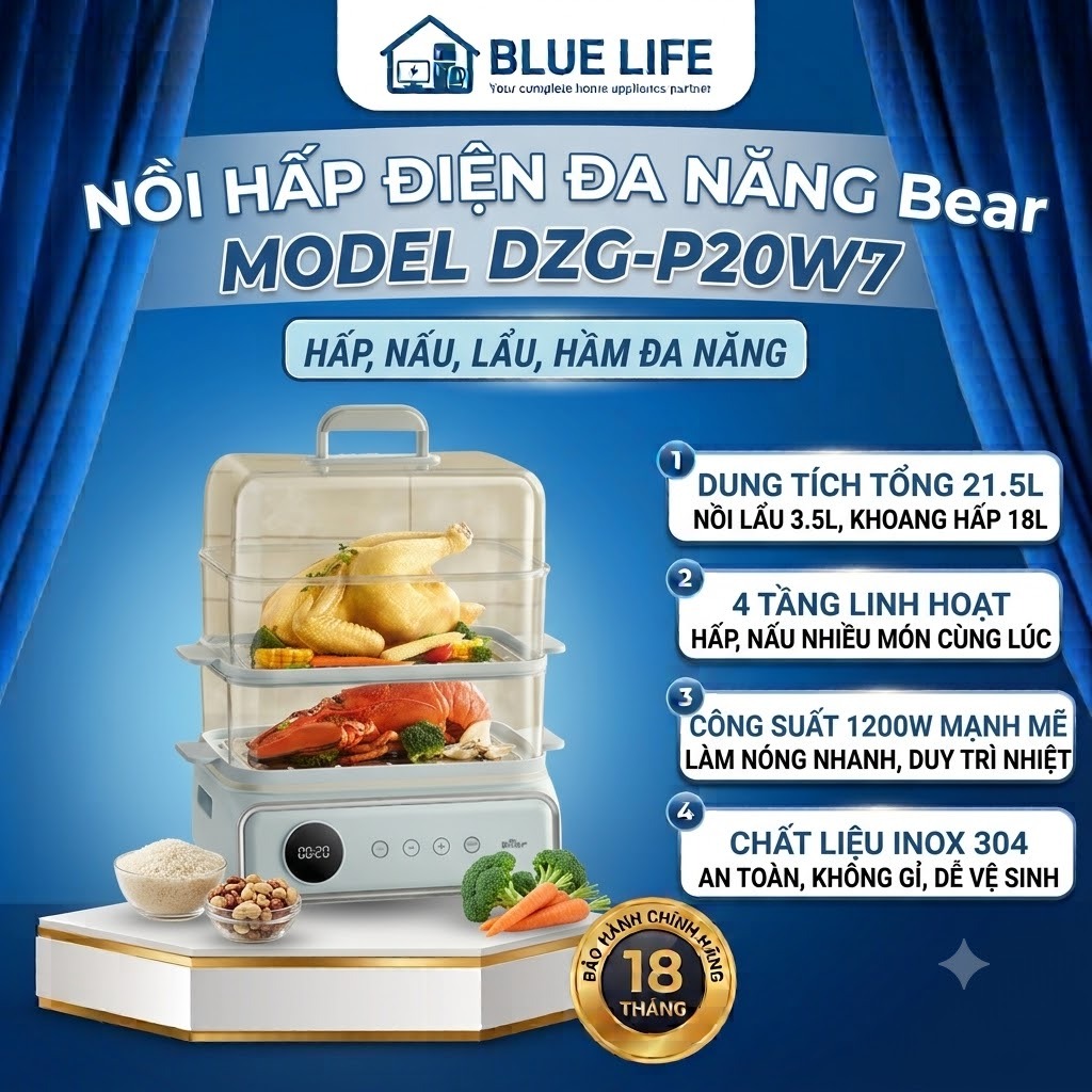 Nồi Hấp Điện 3 Tầng Bear DZG-P20W7, 21Lit - 1200w, Chiên Nướng Hấp Đa Năng, Hàng Chính Hãng