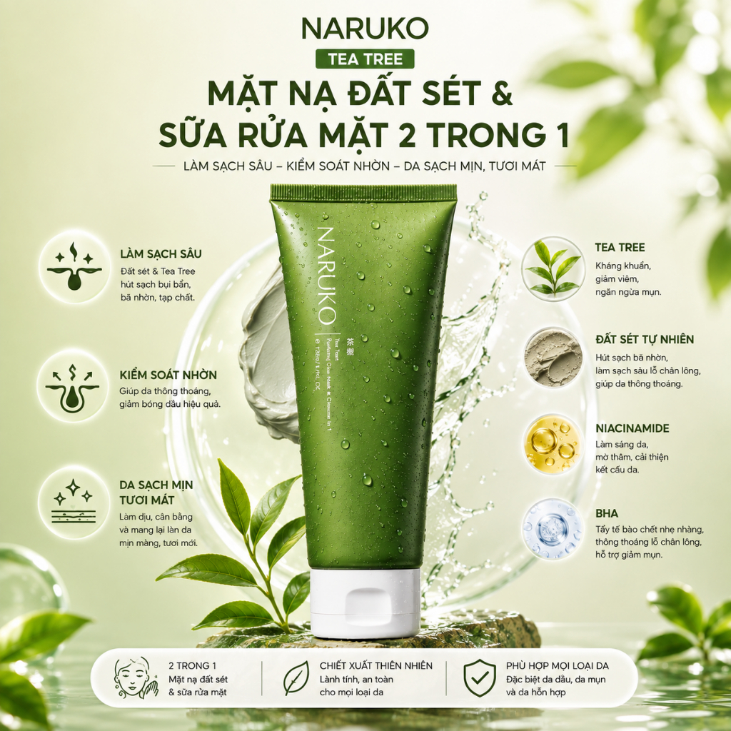 Sữa Rửa Mặt Naruko, Sữa Rửa Mặt Trà Xanh Tràm Trà Dạng Bùn Srm Naruko Cho Da Dầu Và Thiên Dầu