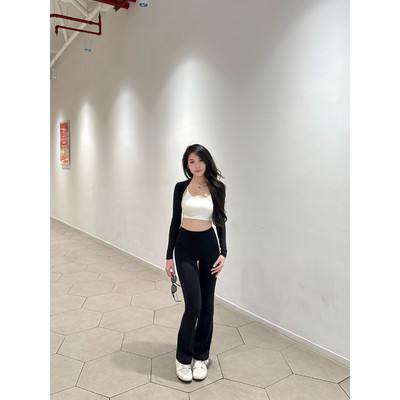 Bộ đồ tập gym, yoga, pilates nữ Fitme áo khoác đen GOC (không có bra), quần legging ống loe Flare đen cạp cao