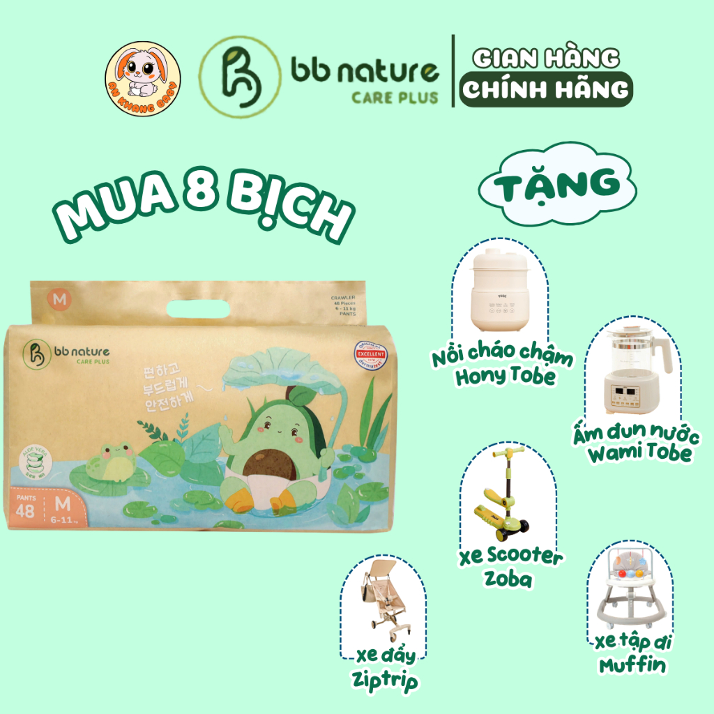 Combo 8 Bịch Tã Dán/Quần BB Nature Care Plus Sợi Tre Hữu Cơ, Co Giãn 360°, Size NB-4XL