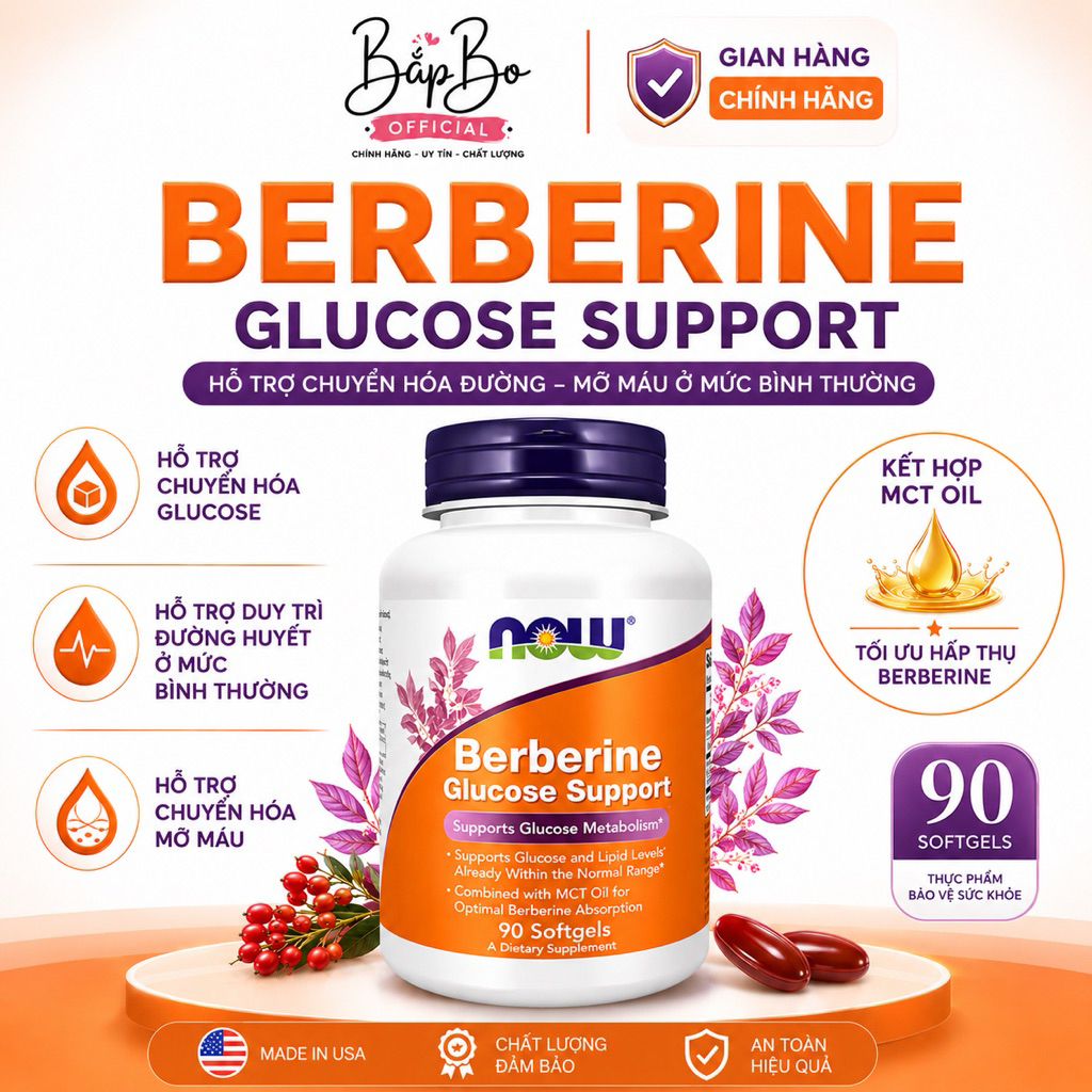 Viên uống Now Berberine Glucose Support - Hỗ trợ kiểm soát đường huyết, cholesterol - Gymstore _TÂMS